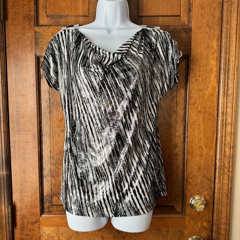 dressbarn Collection Shimmery Black Gray & White Top w/Faux Diamond Shoulders